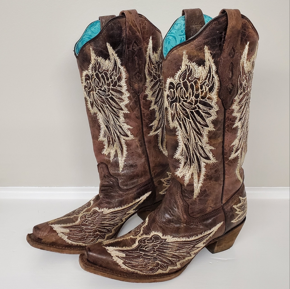 Corral cowgirl boots, size 7, brown/ivory/teal